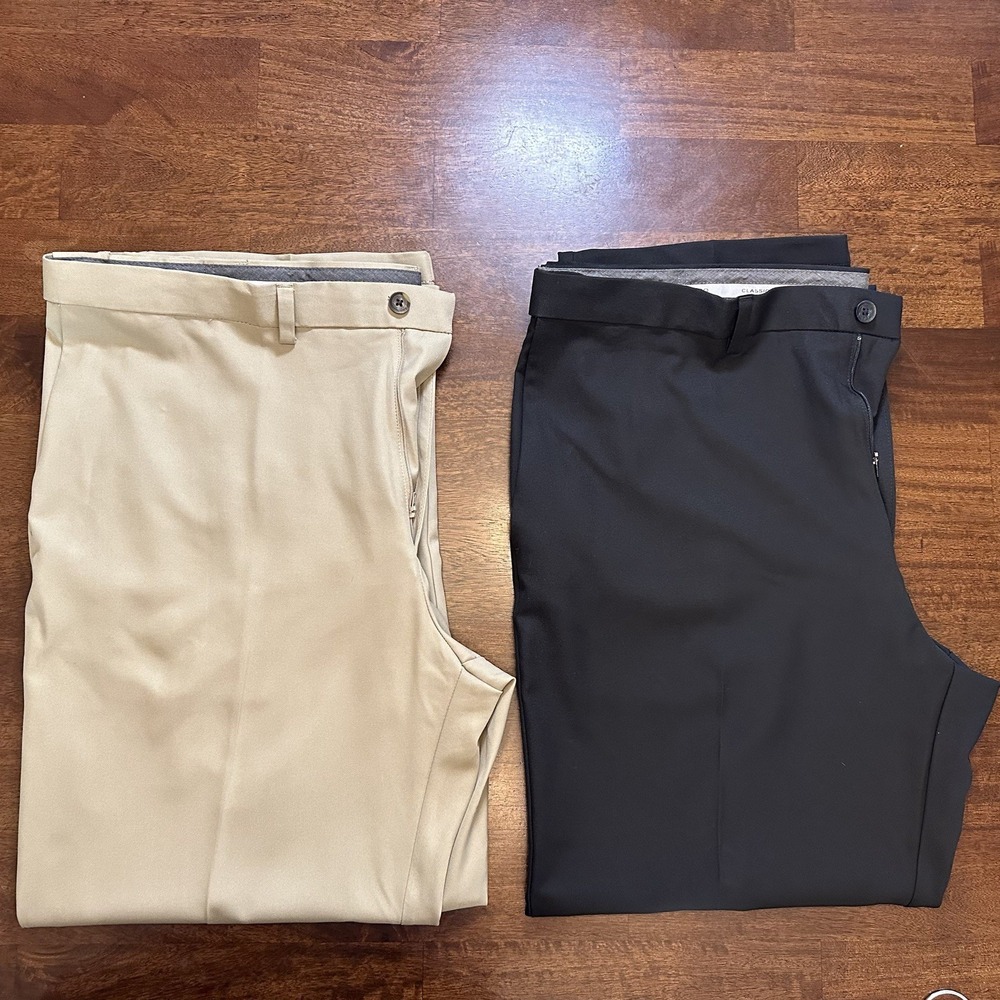 Bundle 2 Men's Haggar Cool 18 Pro Classic Fit Chino Pants 44x30 Khaki Black Golf - Picture 2 of 15